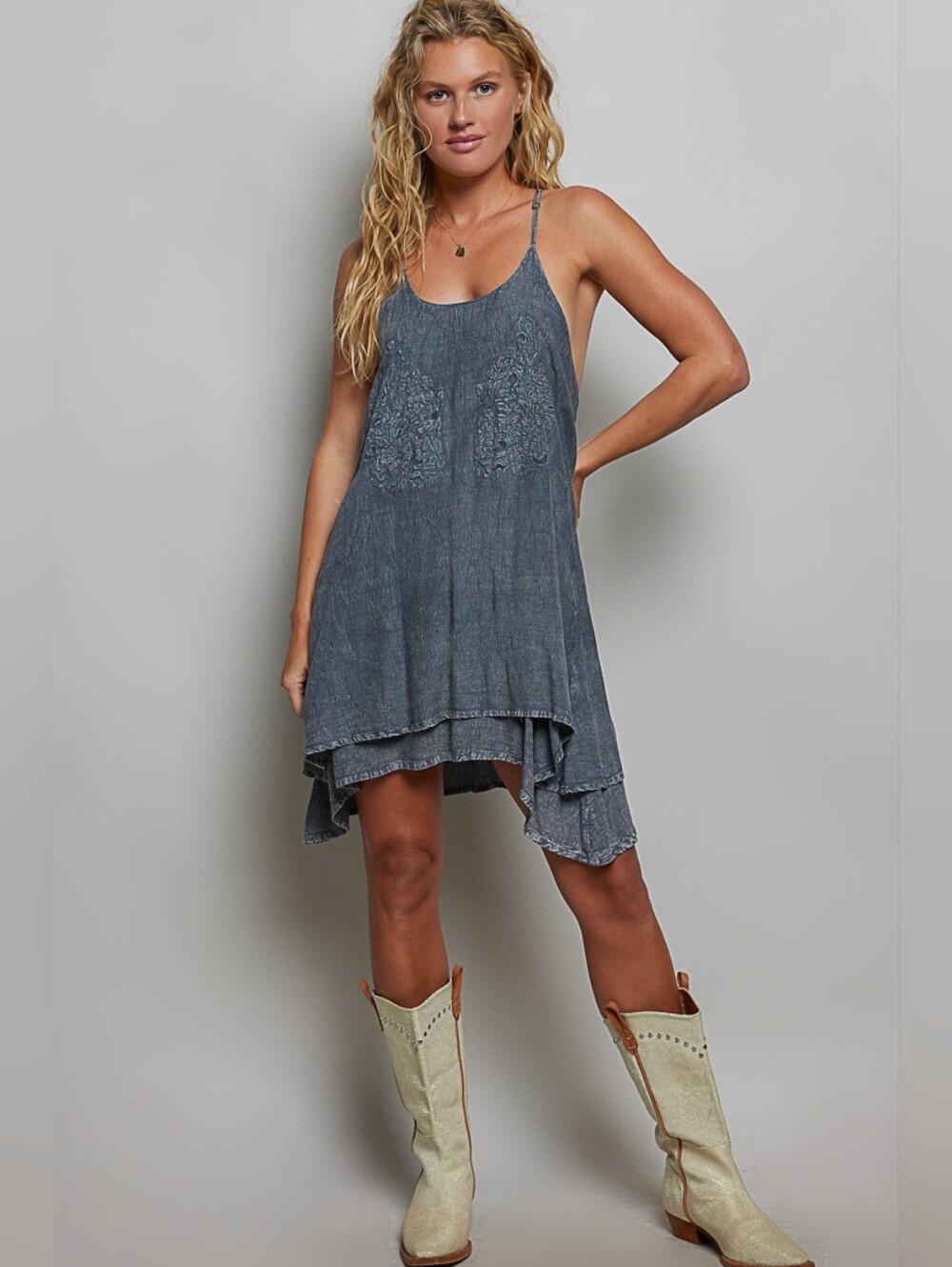 POL Embroidered Adjustable Strap Mini Dress- Charcoal- Fast Shipping!! - Picture 5 of 8